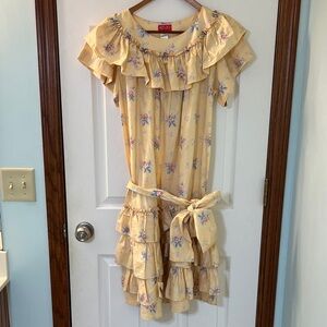 Vintage Kenzie Paris Pale Yellow & Rose Print Ruffled Cotton Dress Women’s Med